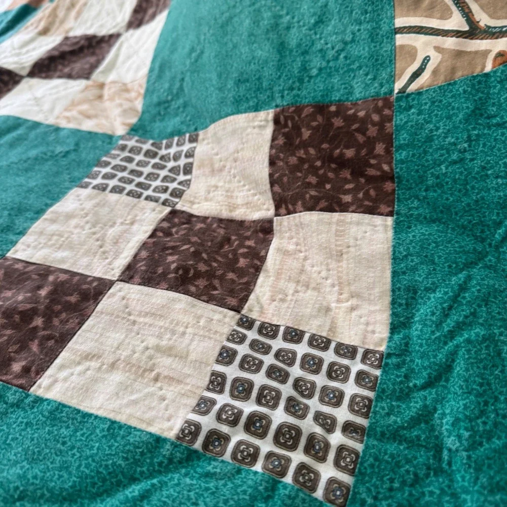 Handmade Patchwork Quilt Teal Brown Paisley Reversible Queen King 78x102